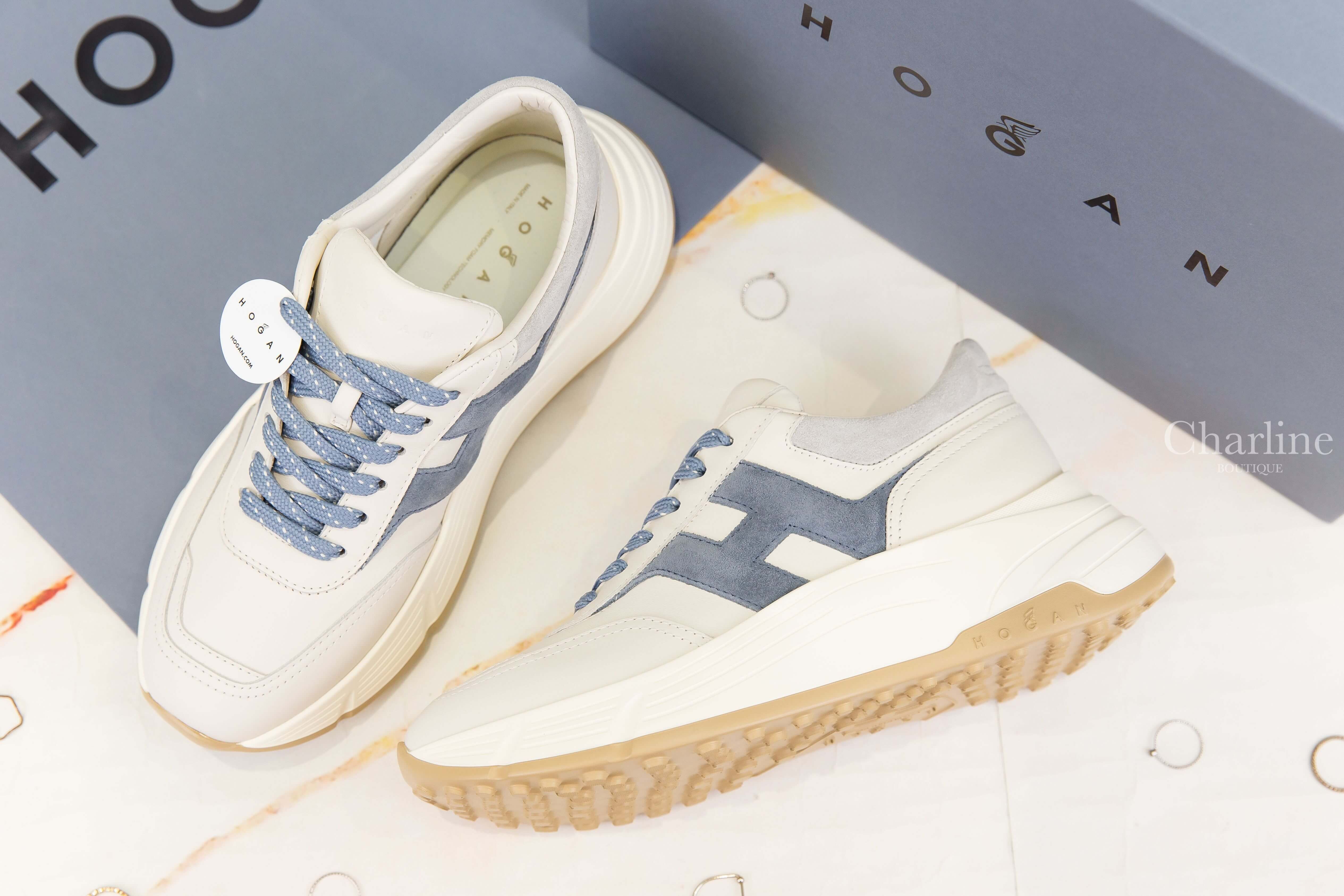 Hogan Sneakers Hogan Hi-Fi 象牙白小牛皮側邊麂皮淺藍色H厚底運動鞋-Charline Boutique 精品代購