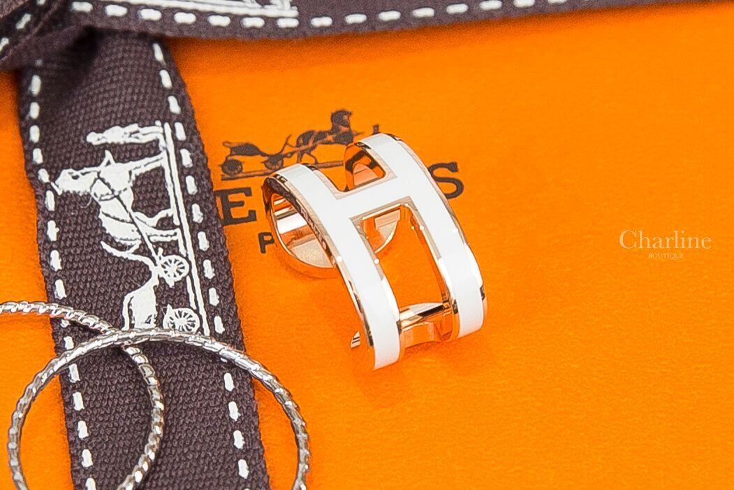 Hermès Pop H Ear Cuff 白色珐瑯鍍玫瑰金簍空橢圓耳骨夾