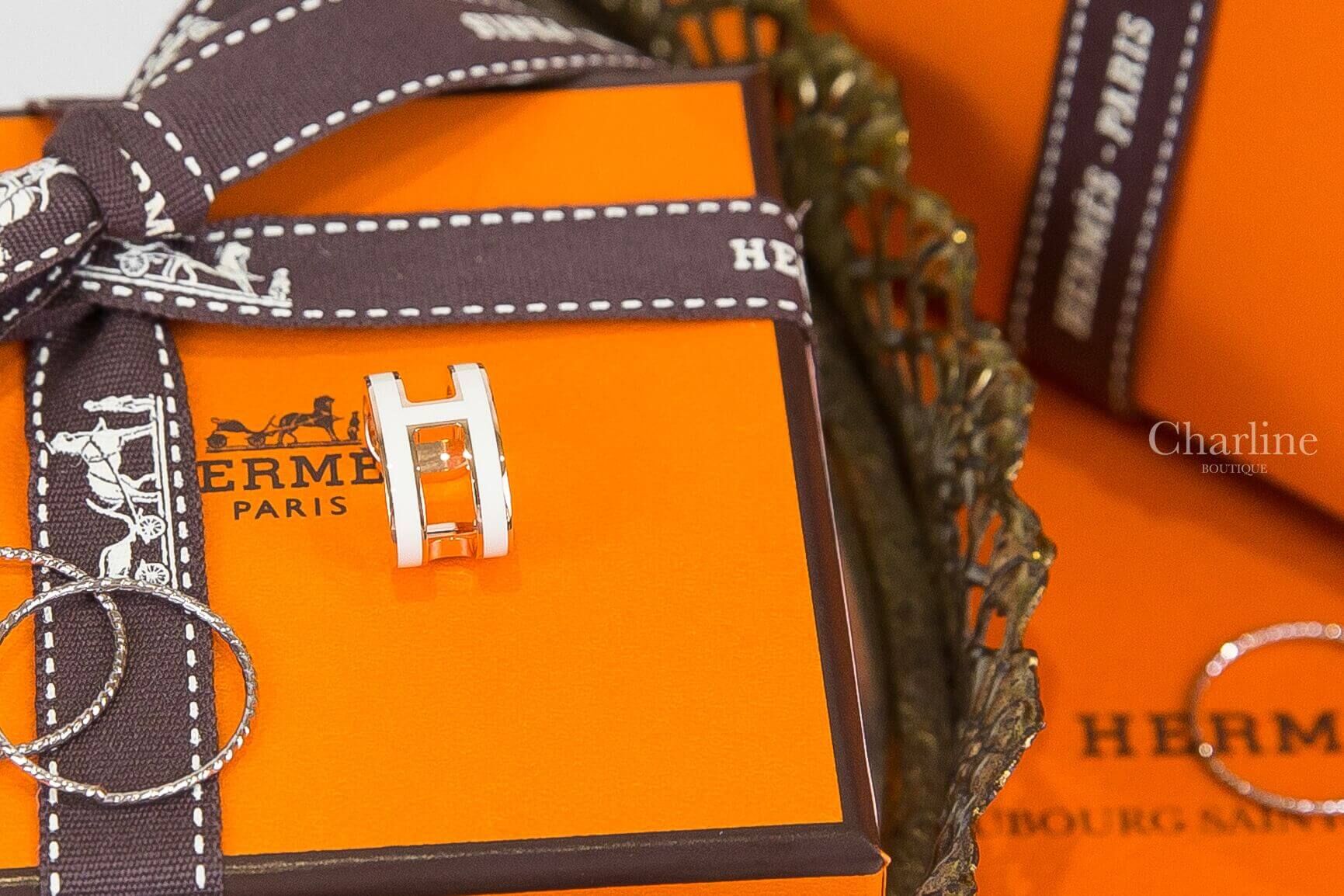 Hermès Pop H Ear Cuff 白色珐瑯鍍玫瑰金簍空橢圓耳骨夾
