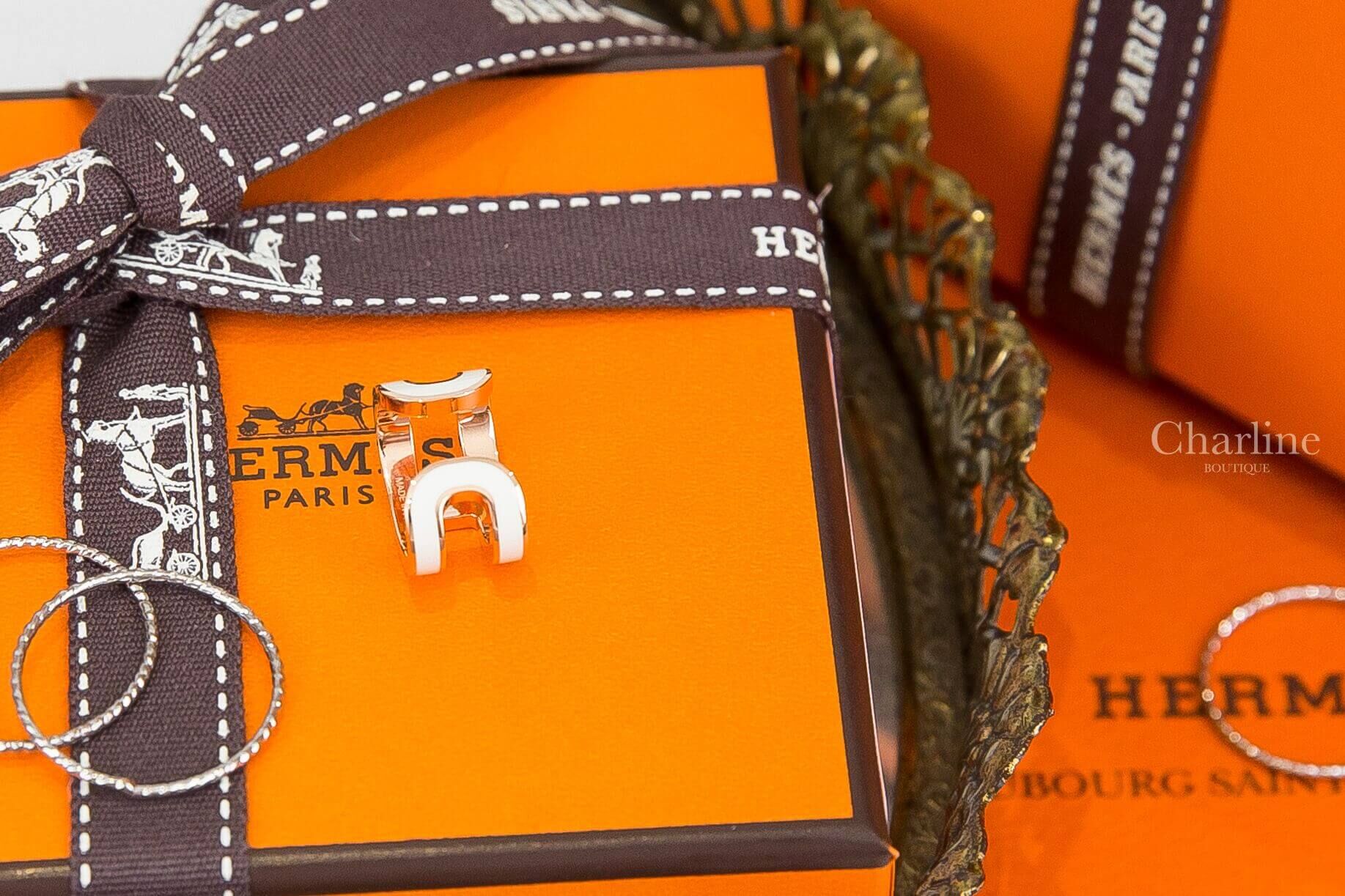Hermès Pop H Ear Cuff 白色珐瑯鍍玫瑰金簍空橢圓耳骨夾-Charline Boutique 精品代購