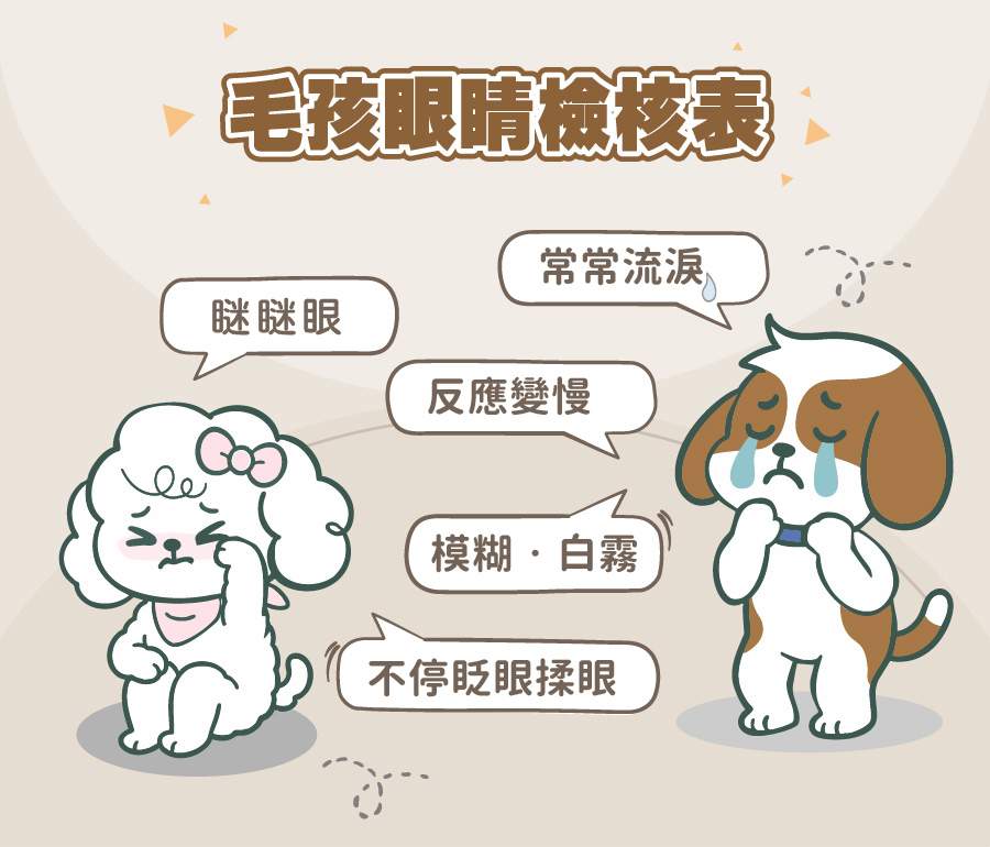 歸毛家族寵物眼睛檢核表圖解,列出狗狗流淚、瞇瞇眼、揉眼等常見症狀,提醒飼主注意貓狗視力保健。