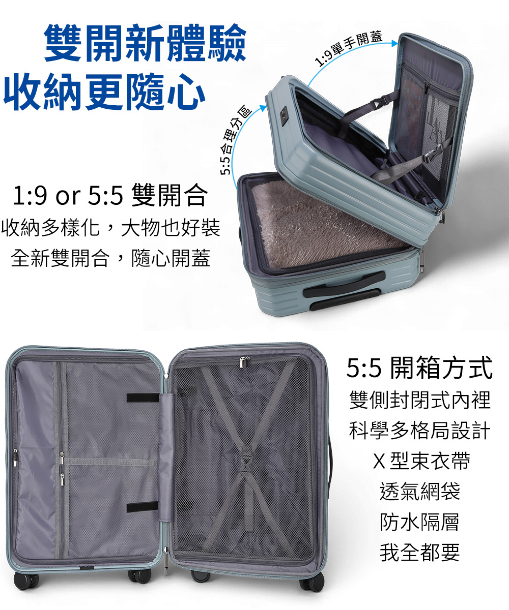 雙開新體驗收納更隨心1:9 or 5:5 雙開合收納多樣化,大物也好裝全新雙開合,隨心開蓋5:5合理分區1:9單手開蓋5:5 開箱方式雙側封閉式內裡科學多格局設計X型束衣帶透氣網袋防水隔層我全都要