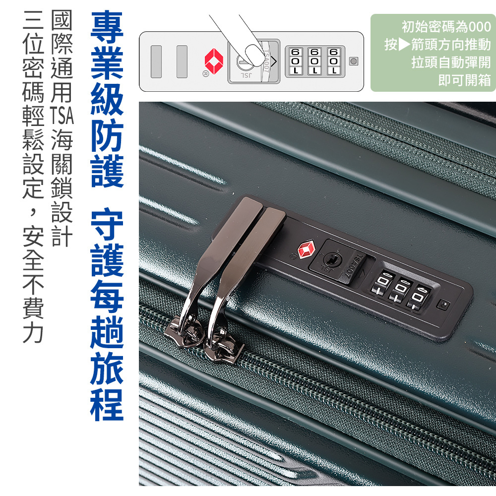 初始為按▶箭頭方向推動拉頭自動彈開 即可開箱TSA007密碼