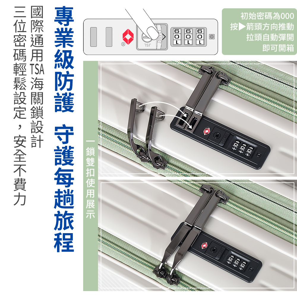 TSA初始為000即可開箱6按▶箭頭方向推動拉頭自動彈開密碼 007