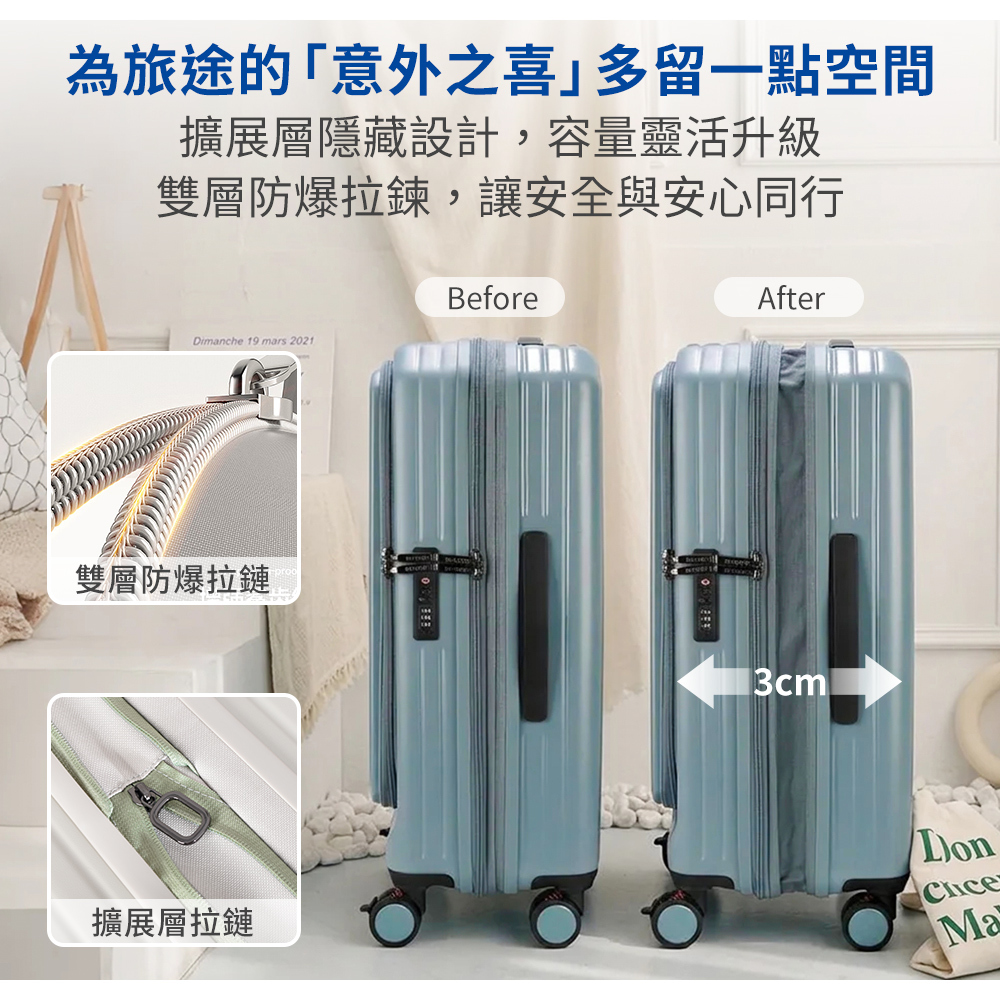 為旅途的「意外之喜多留一點空間擴展層隱藏設計,容量靈活升級雙層防爆拉鍊,讓安全與安心同行BeforeDimanche 19 mars 2021After雙層防爆拉鏈3cm擴展層拉鏈DonMa
