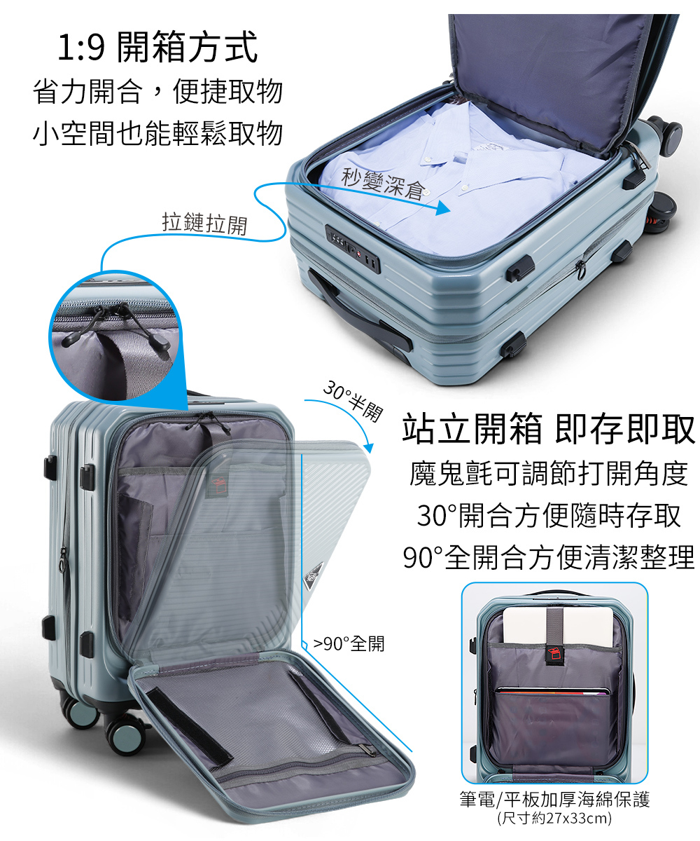 1:9 開箱方式省力開合,便捷取物小空間也能輕鬆取物秒變深倉拉鏈拉開30°半開90°全開站立開箱 即存即取魔鬼氈可調節打開角度30°開合方便隨時存取90°全開合方便清潔整理筆電/平板加厚海綿保護(尺寸約27x33cm)