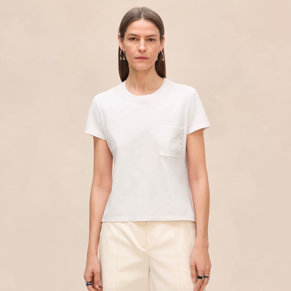 全新HERMES女士T-Shirt 34碼 白色100%棉質 H6E4615DA9042 Embroidered pocket t-shirt #BRAND NEW #香榭站正品