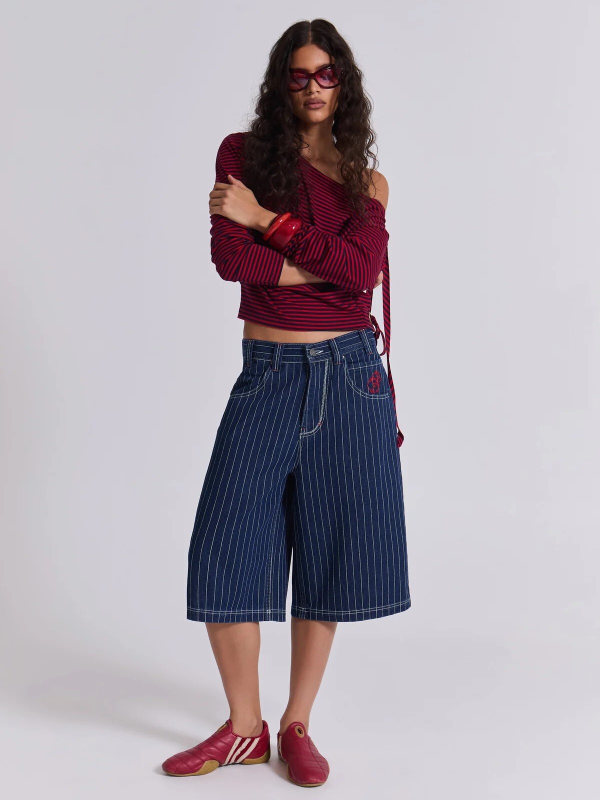 JADED LONDON 刺繡小標 條紋直筒牛仔七分褲 Ollie Pinstripe Jorts JMSH5328