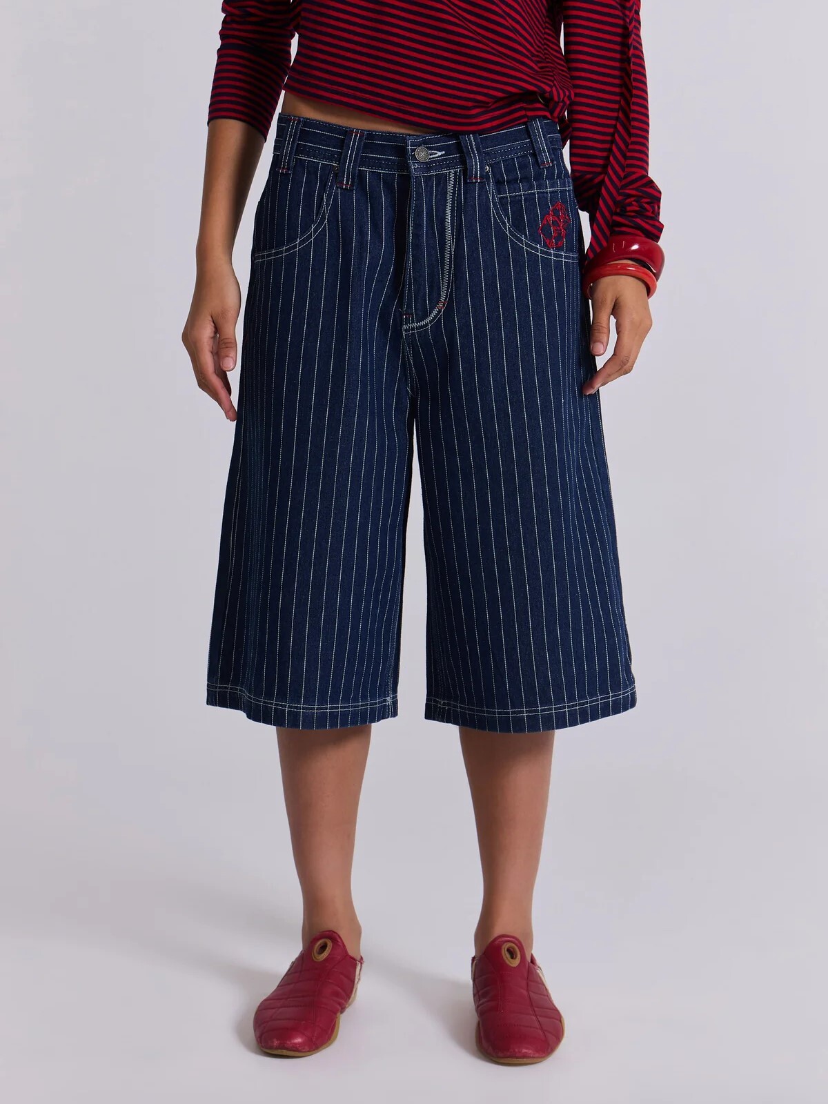 JADED LONDON 刺繡小標 條紋直筒牛仔七分褲 Ollie Pinstripe Jorts JMSH5328