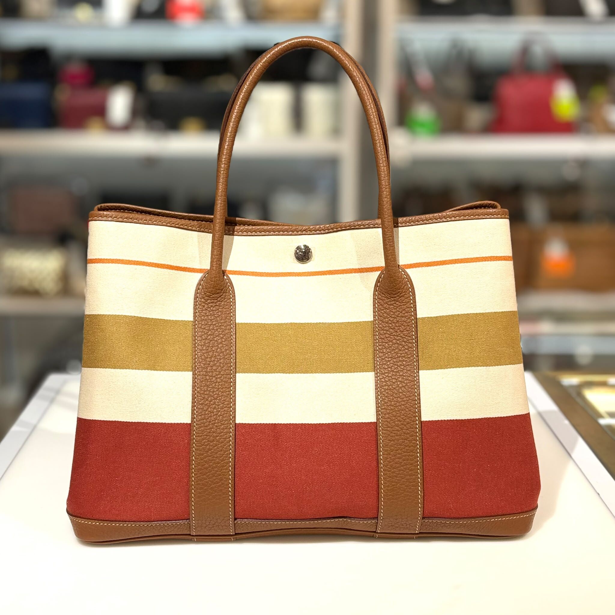 全新HERMES GARDEN PARTY 36 拼色帆布金棕togo皮肩帶 #GP36 #BRAND NEW #香榭站正品