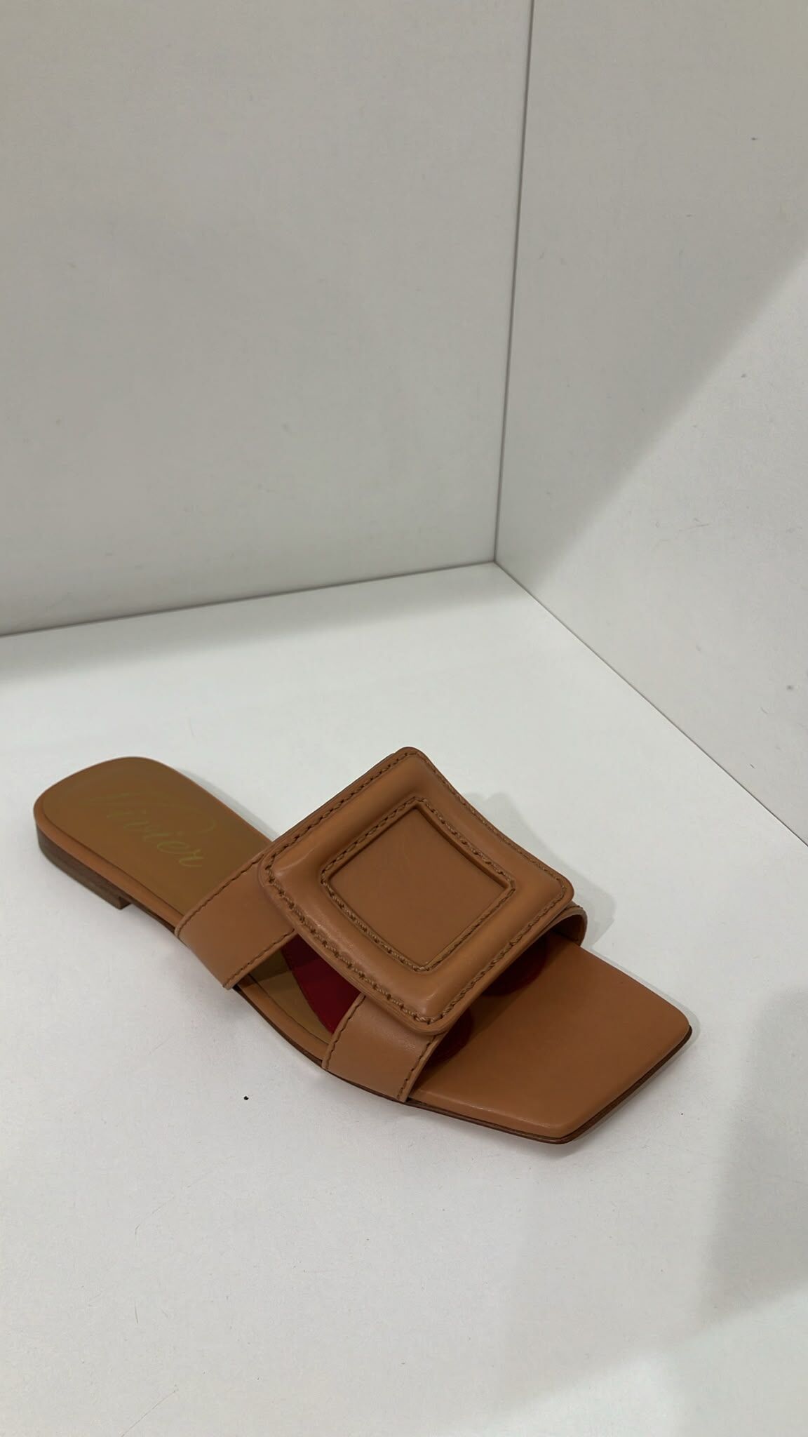 Roger Vivier RV covered buckle leather mules white brown