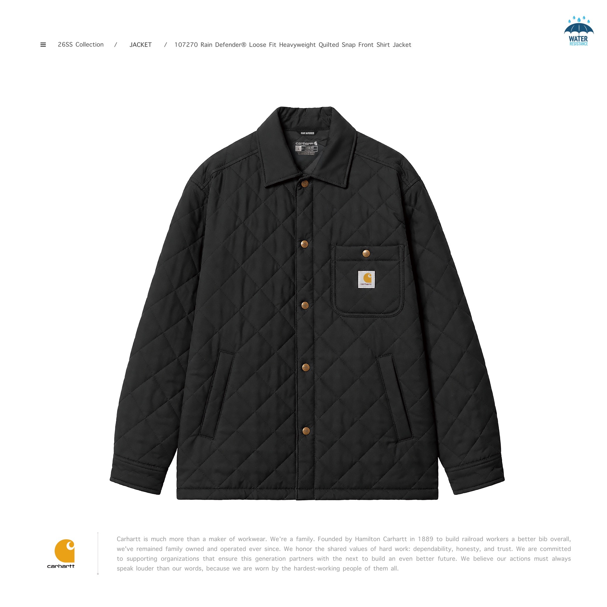 CARHARTT - Rain Defender Loose Fit Heavyweight Quilted Snap Front Shirt Jacket " 107270 "