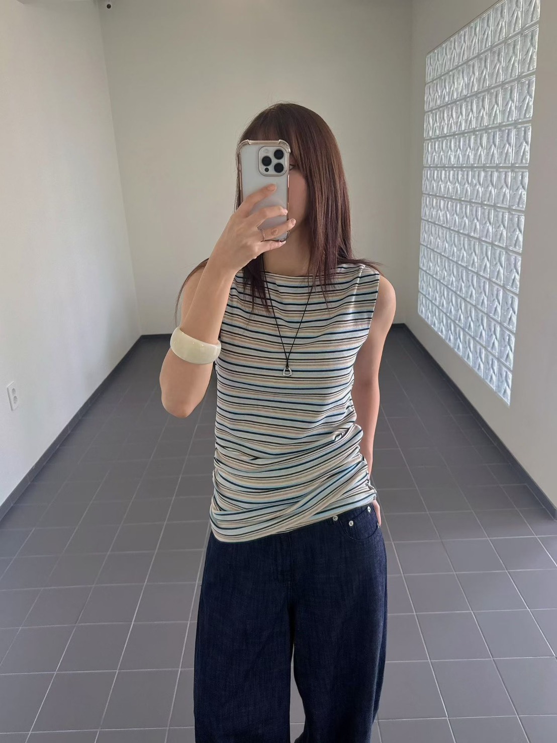 腰抓褶修飾條紋背心