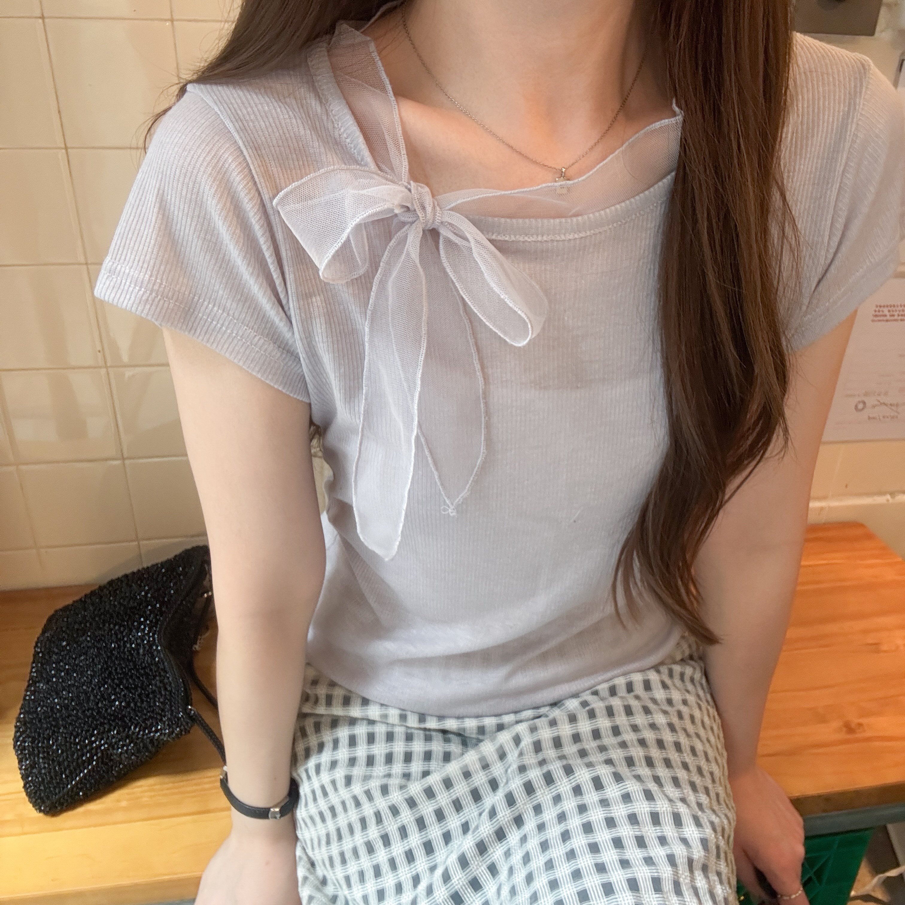 拼接透視蝴蝶上衣