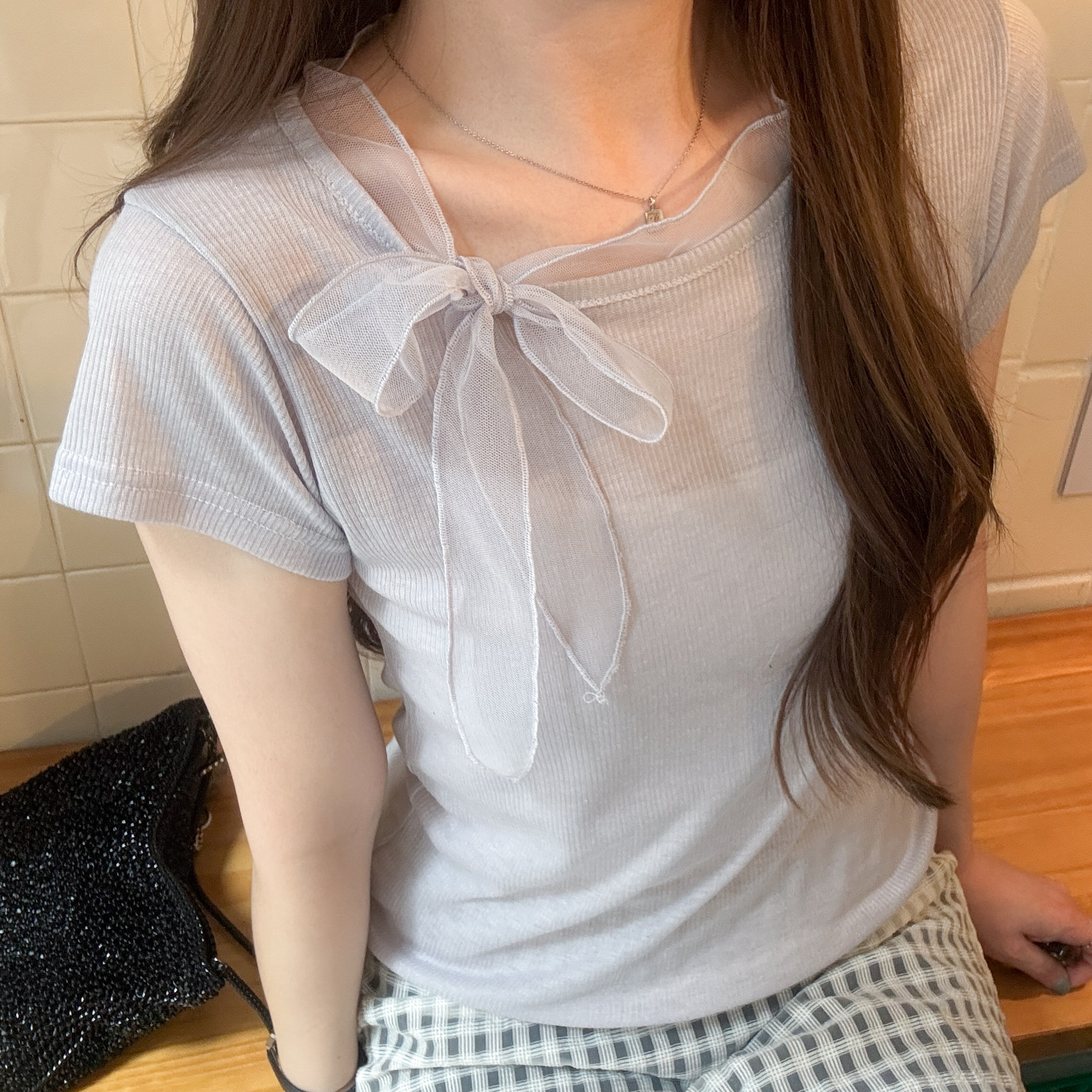 拼接透視蝴蝶上衣