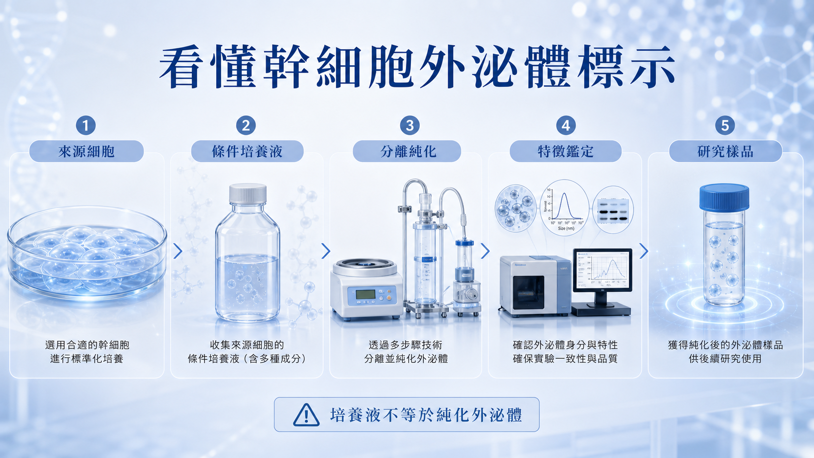 從來源細胞、條件培養液到外泌體分離純化與特徵鑑定流程