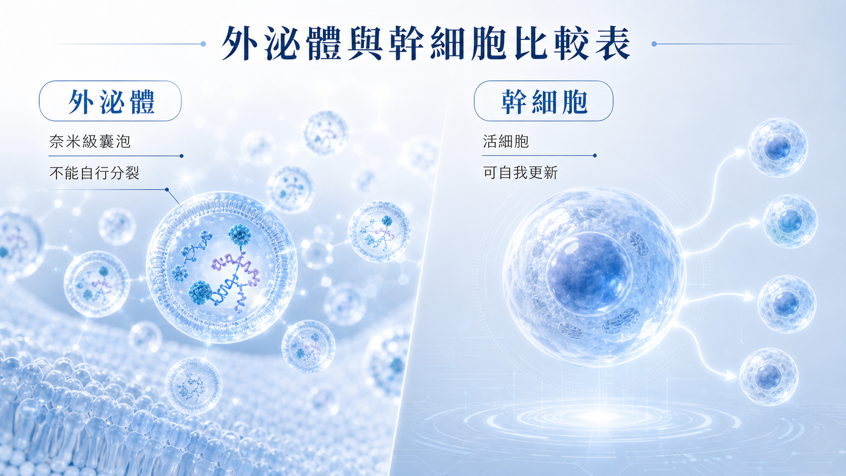 外泌體奈米囊泡與幹細胞活細胞的本質差異比較