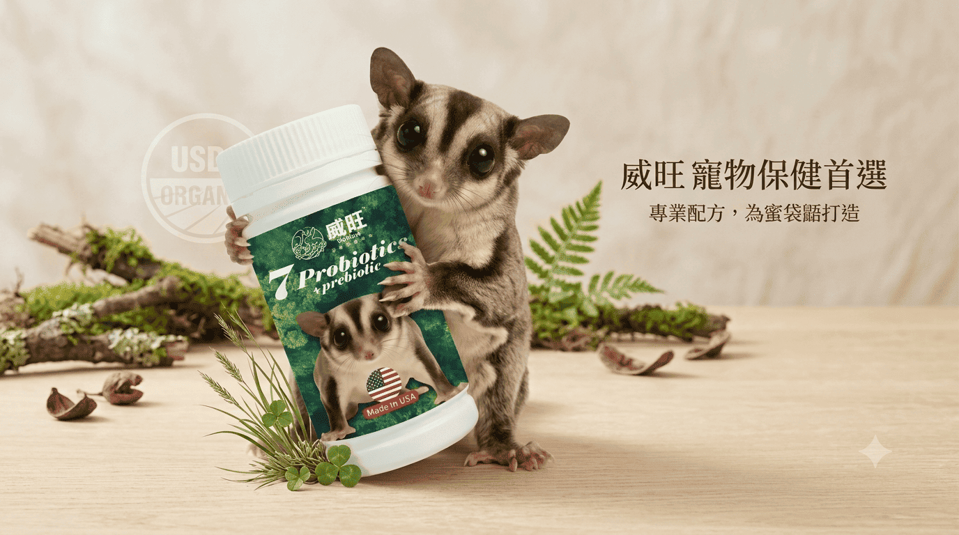 威旺WeWant超能七菌益生菌與蜜袋鼯產品形象圖-蜜袋鼯拉肚子與腸胃保健推薦首選