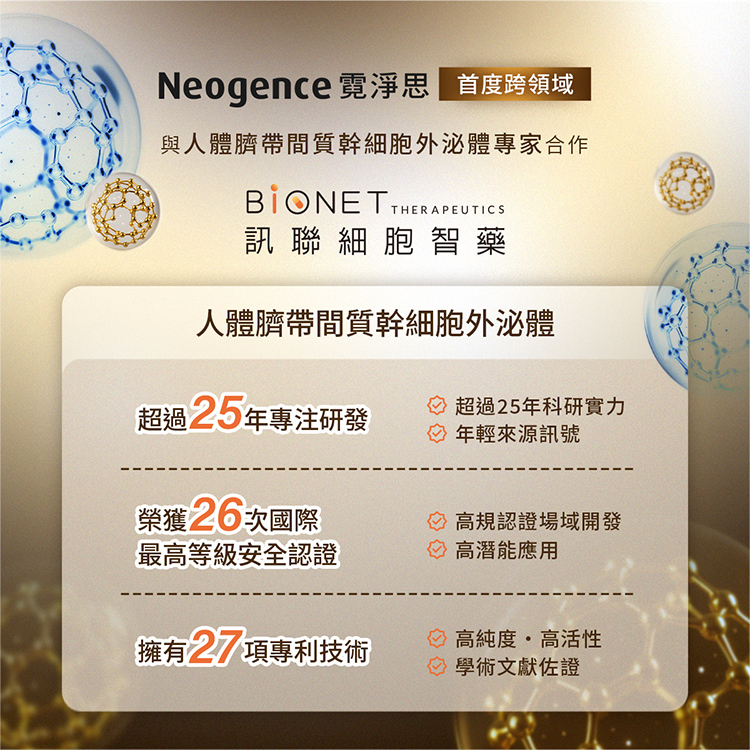 Neogence霓淨思首度跨領域與人體臍帶間質幹細胞外泌體專家:訊聯細胞智藥合作