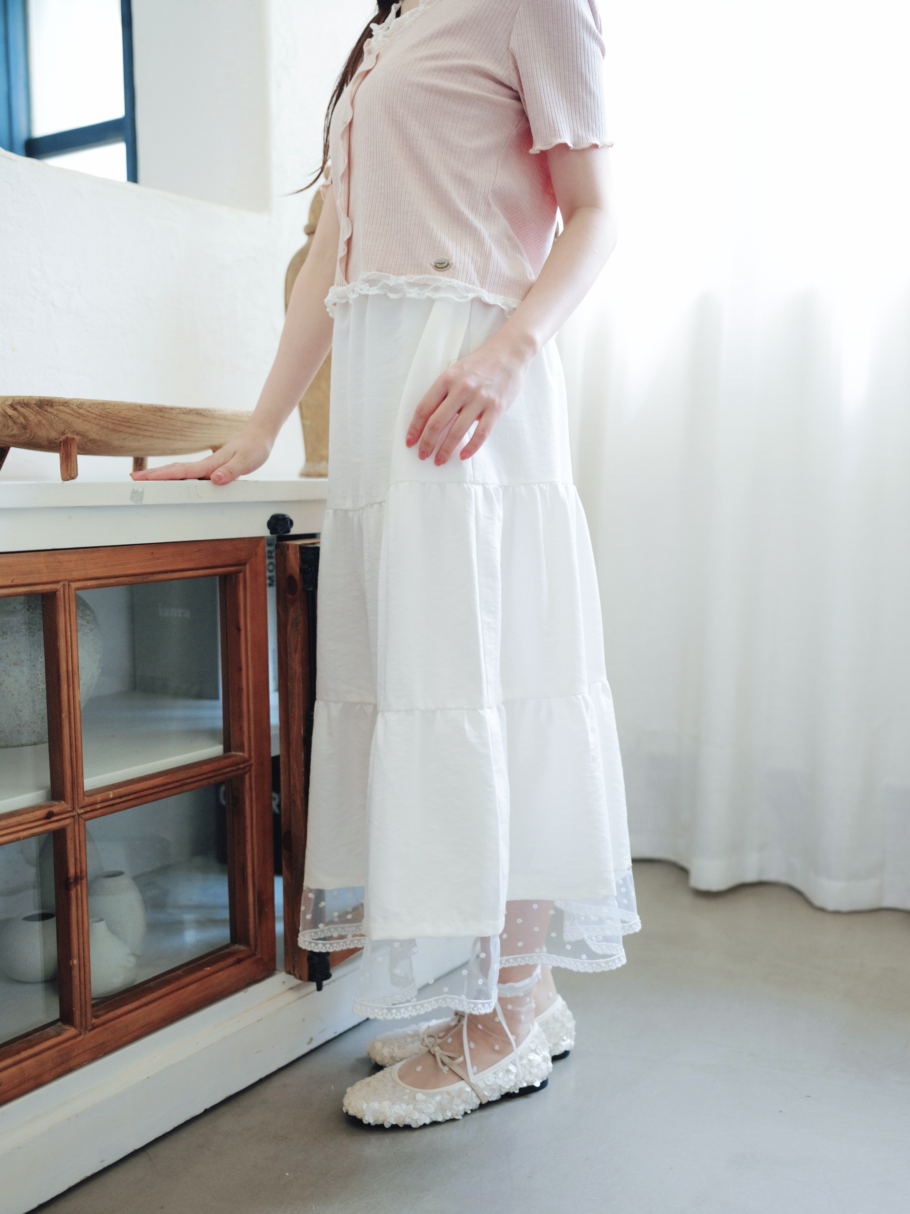 三色 / 小花蕾絲拼接蛋糕長裙 / Embroidered Lace Hem Tiered Skirt
