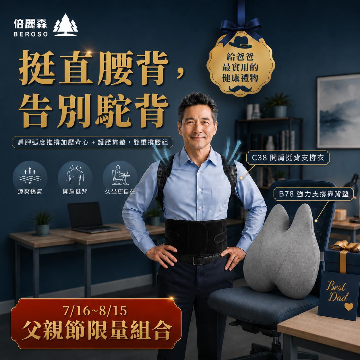 久坐族挺背撐腰組 | 人體工學透氣護腰挺脊靠背墊 + 開肩挺背釋壓背心 B78+C38