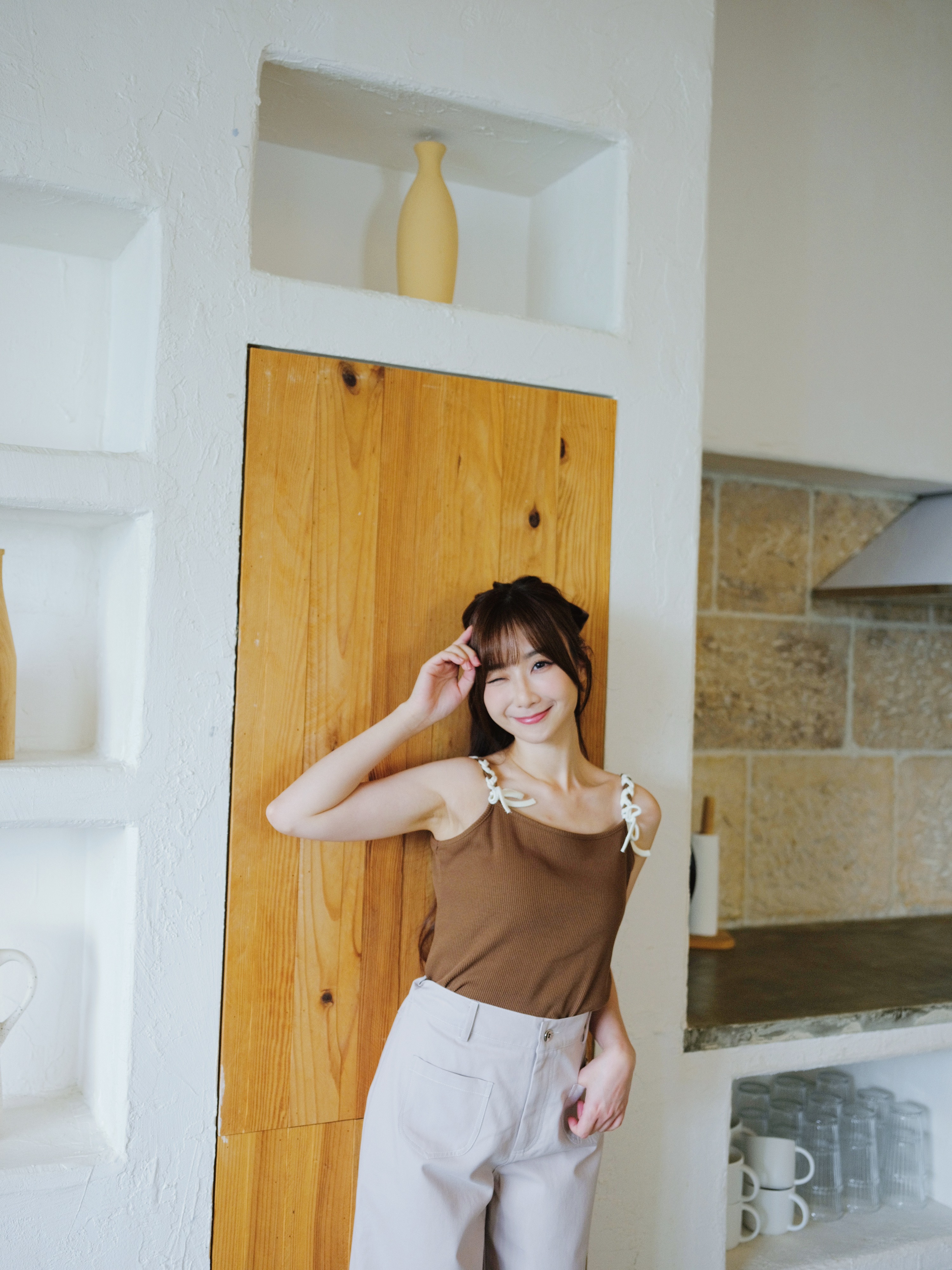 三色 / 丹麥條拼色肩帶坑紋背心 / Two-Tone Braided Ribbon Ribbed Cami