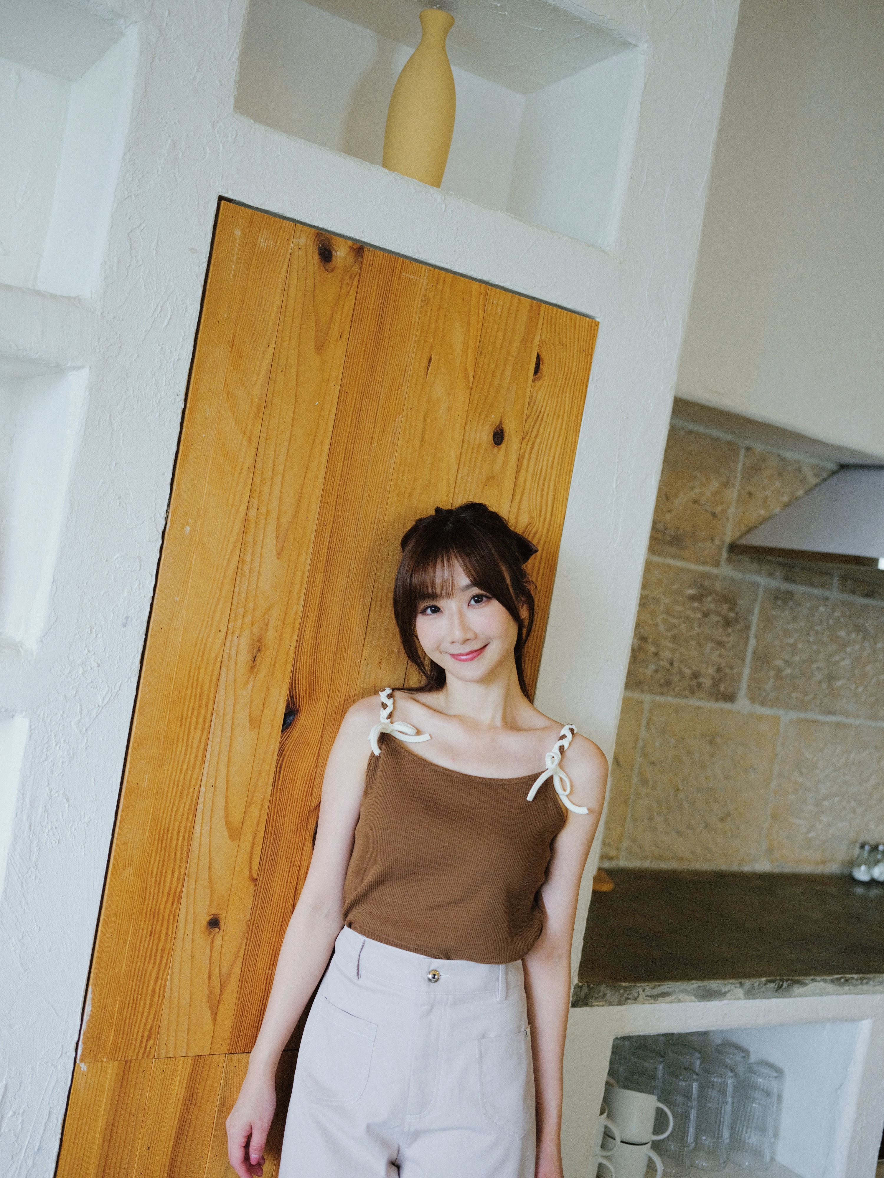 三色 / 丹麥條拼色肩帶坑紋背心 / Two-Tone Braided Ribbon Ribbed Cami