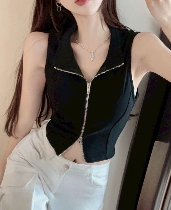 立領雙拉鍊短版棉背心