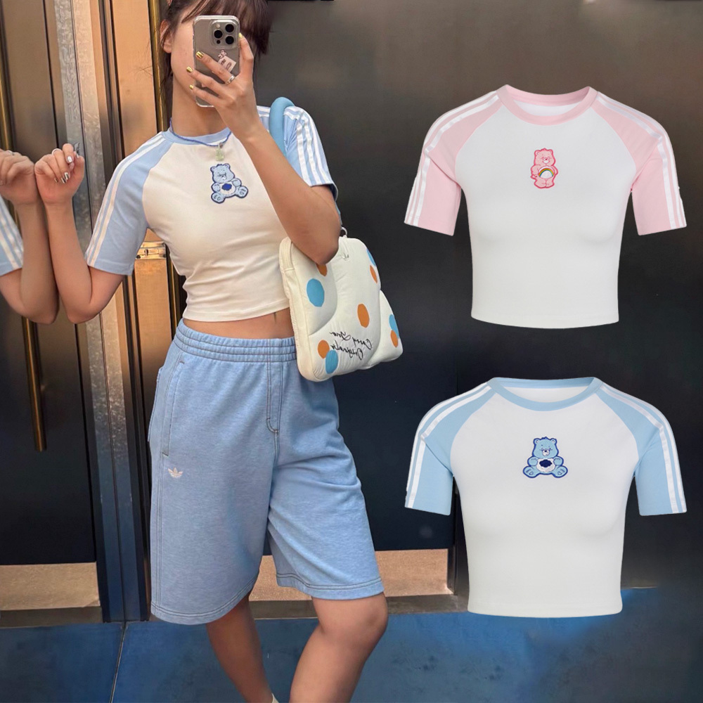 女款 ADIDAS X CARE BEARS TEE 粉白 藍白 彩虹熊 聯名款 三葉草 貼身 短版 短T【KR9628/KR9634】ADLP