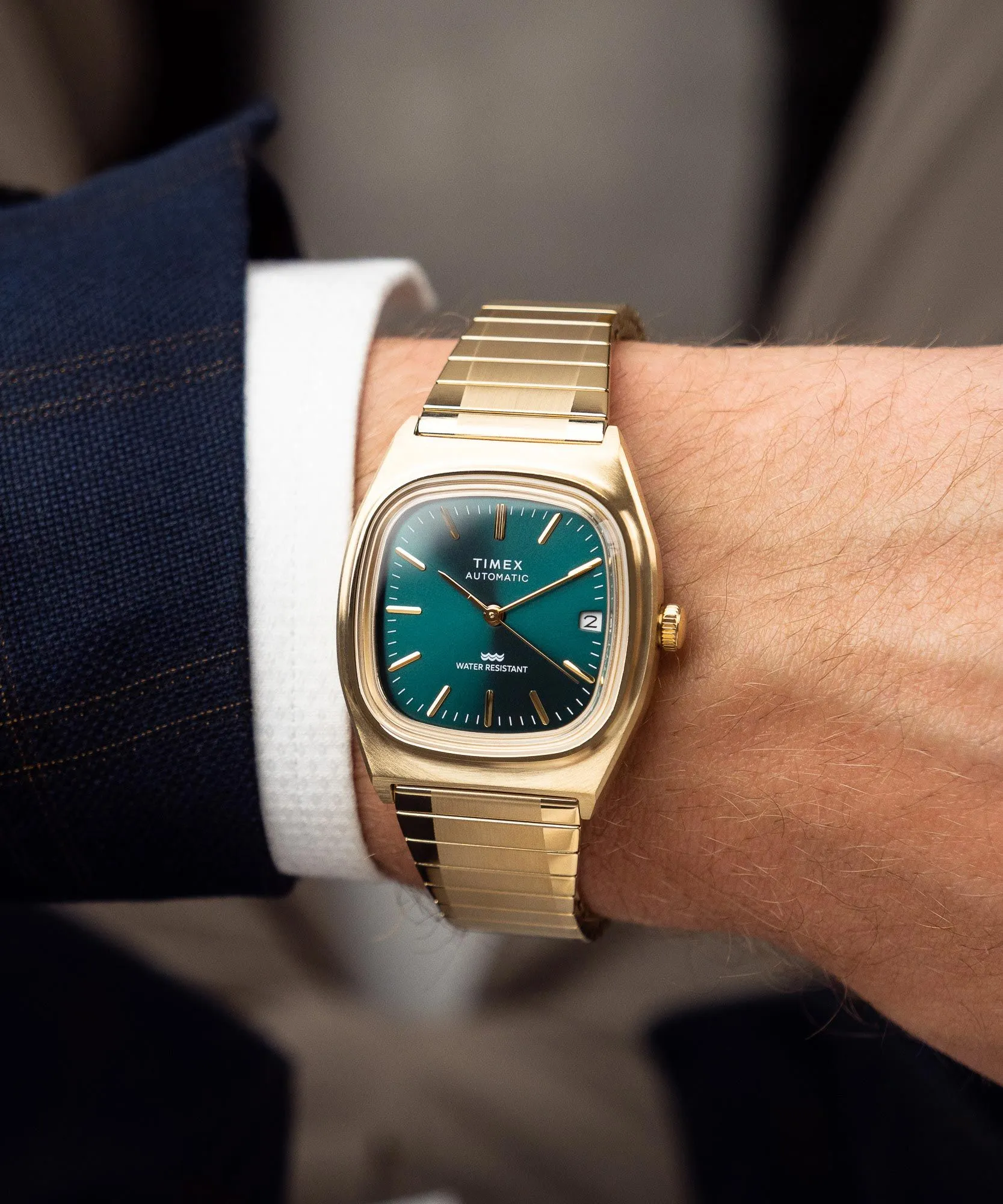 萬年鐘錶 - TIMEX 天美時   E-Line 復古方形伸縮錶帶機械錶 TW2Y67700 錶徑34MM