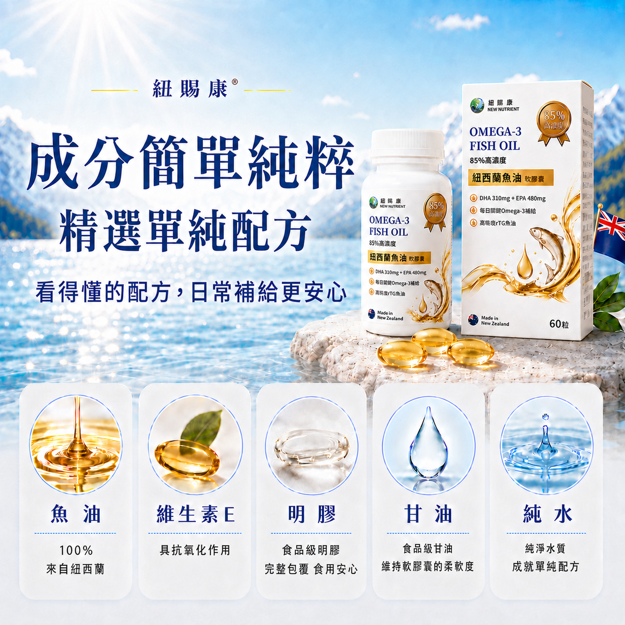 紐賜康魚油五項成分：魚油、維生素E、食品級明膠、甘油與純水