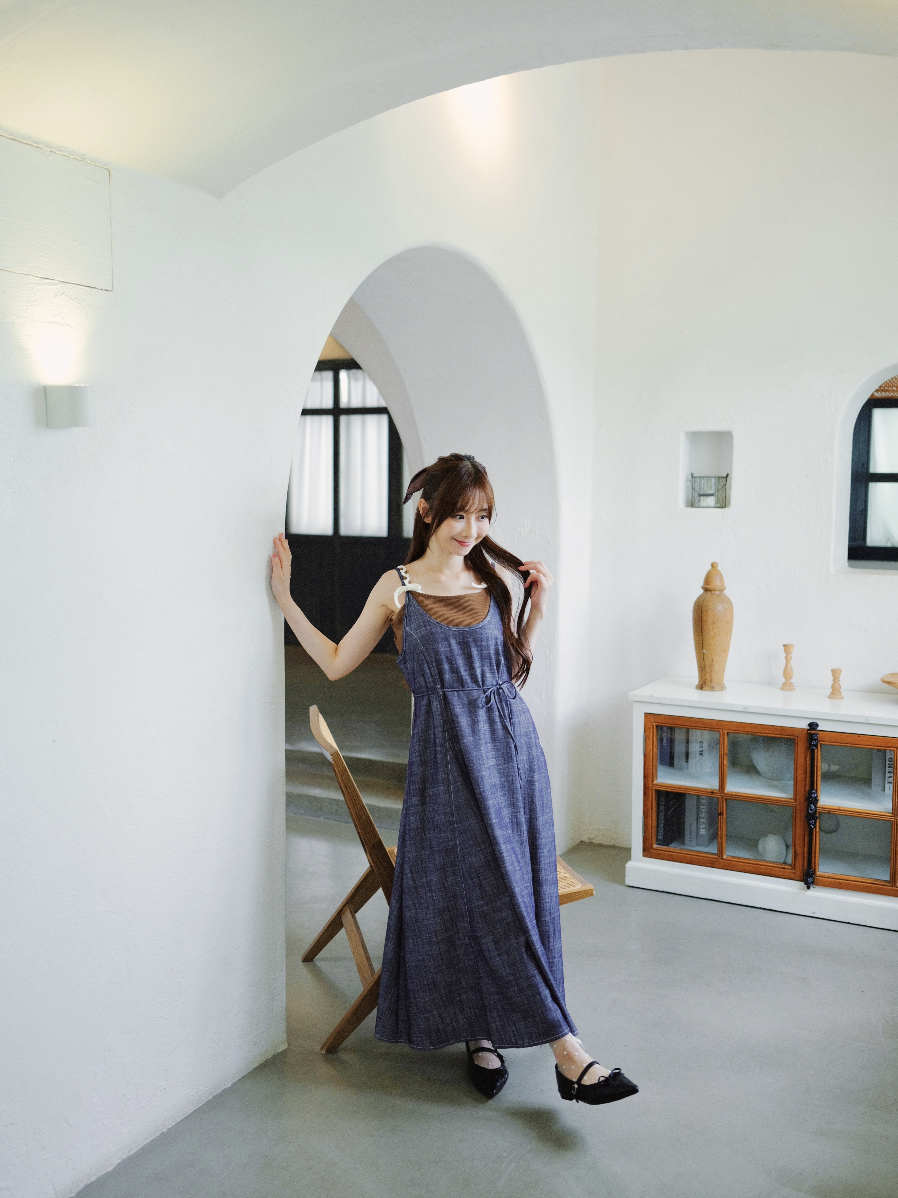 兩色 / 仿麻質圓領明線連身裙 / Slub Texture Topstitching Scoop-Neck Dress