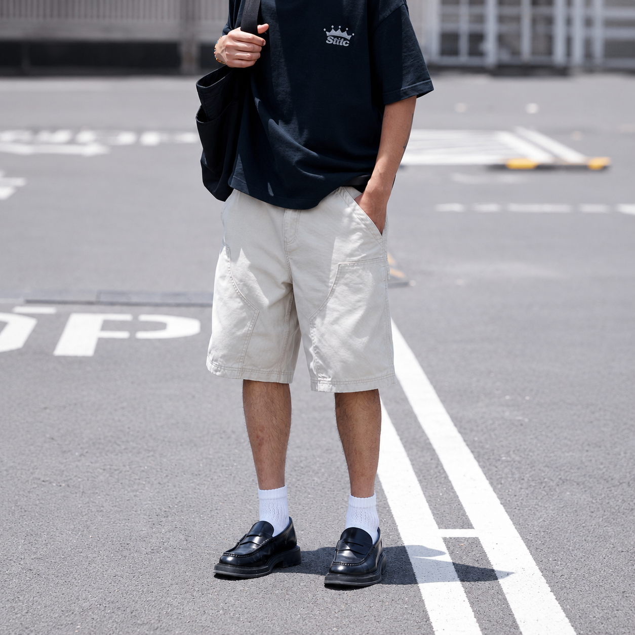 闊挺耐磨水洗伐木工裝短褲