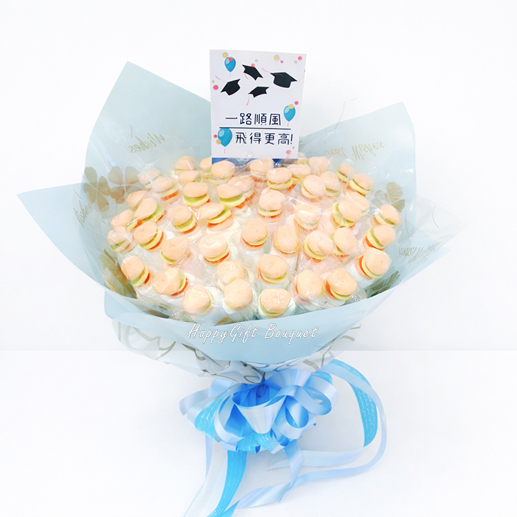 漢堡棉花糖花束,畢業花束,藍色包裝,畢業小卡