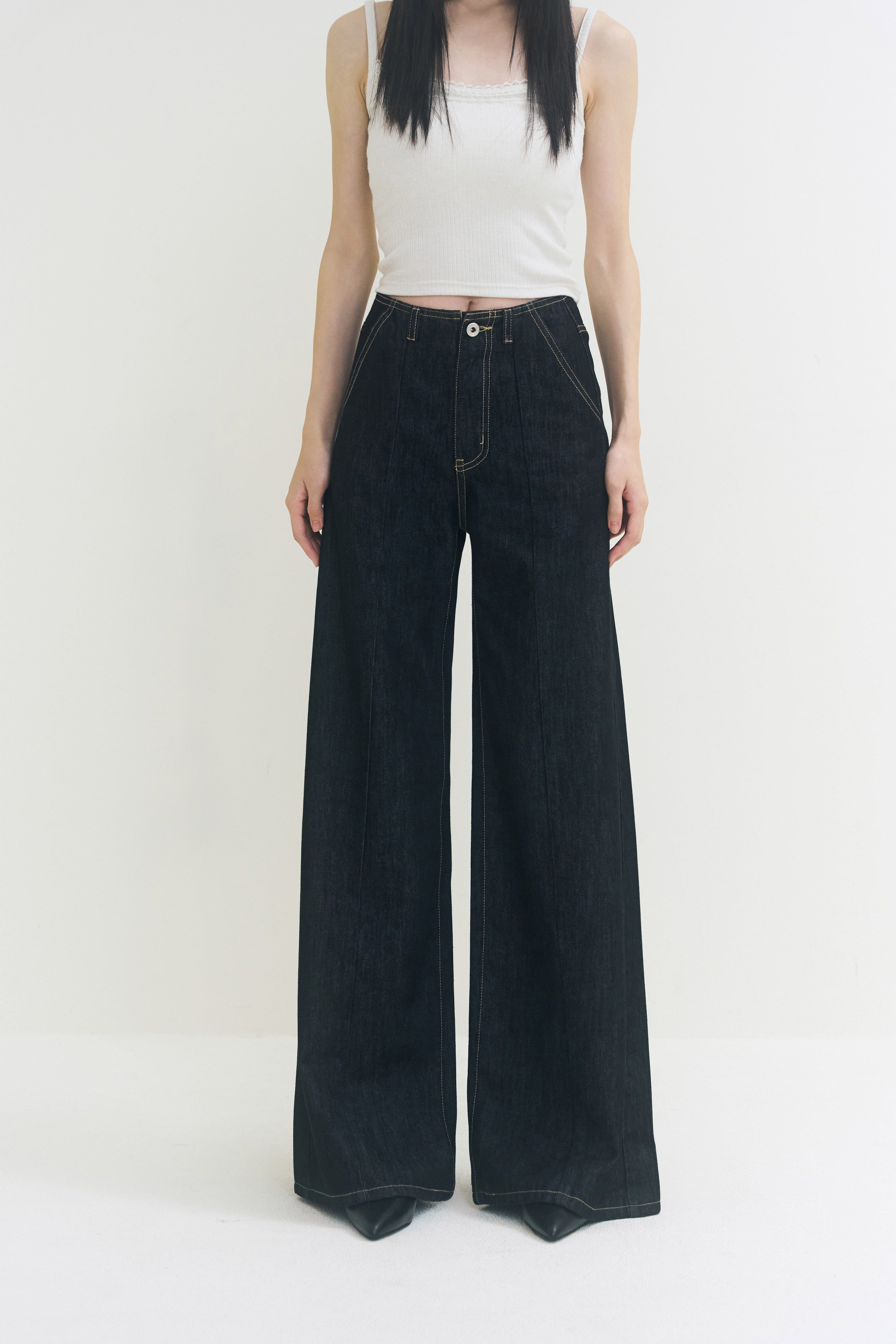 Tencel Denim連腰寬喇叭天絲牛仔褲-黑藍【預購】