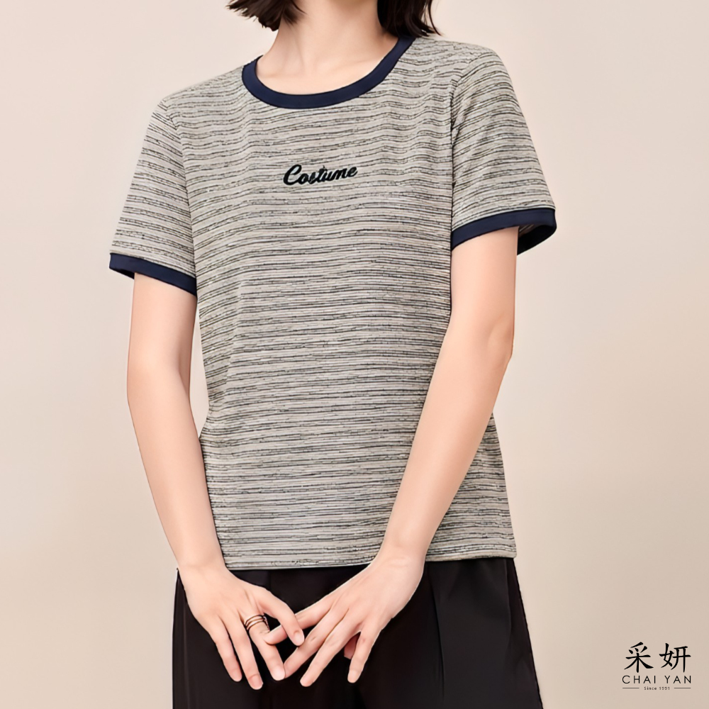 細橫條水鑽短袖上衣
