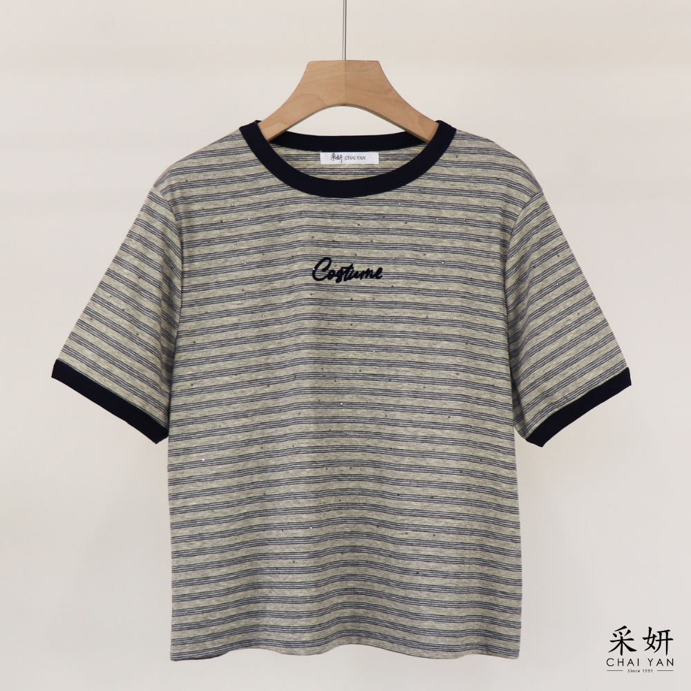 細橫條水鑽短袖上衣