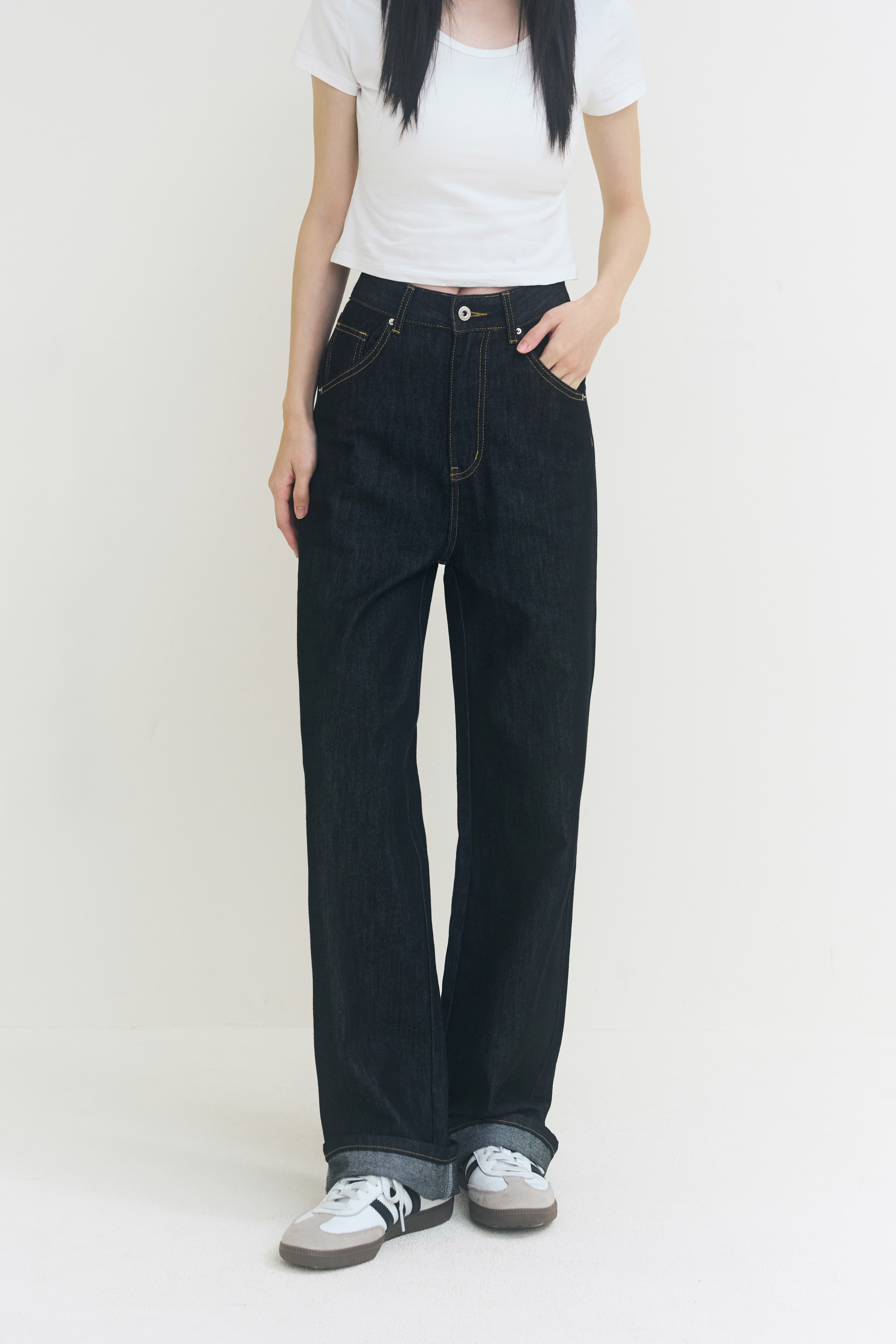 Tencel Denim長腿直筒天絲牛仔報恩褲-黑藍 【SS、S、SM、M：7月底出貨】