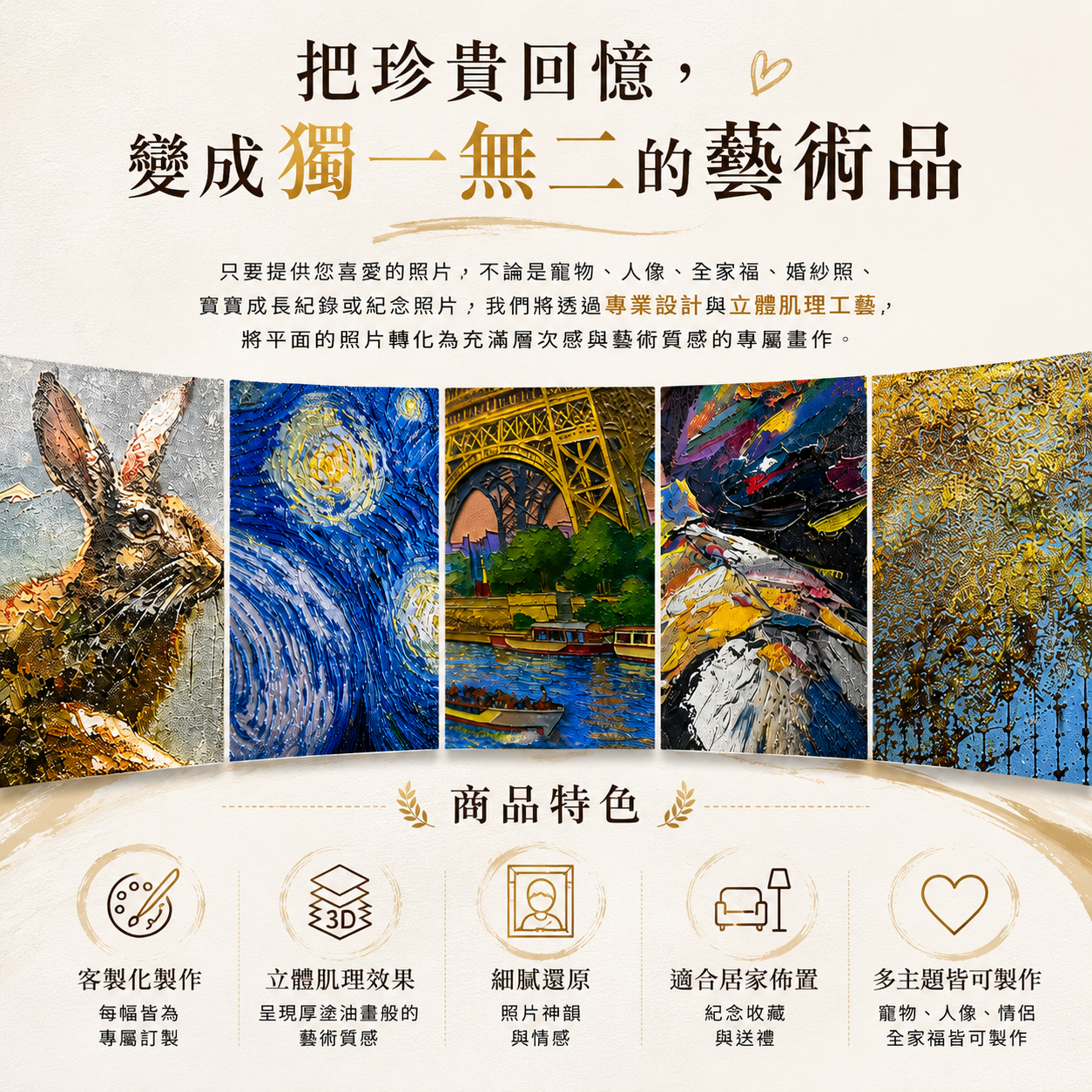 ARTLIFE 客製化肌理藝術畫  客製化肌理畫｜照片轉立體浮雕畫｜寵物、人像、全家福訂製