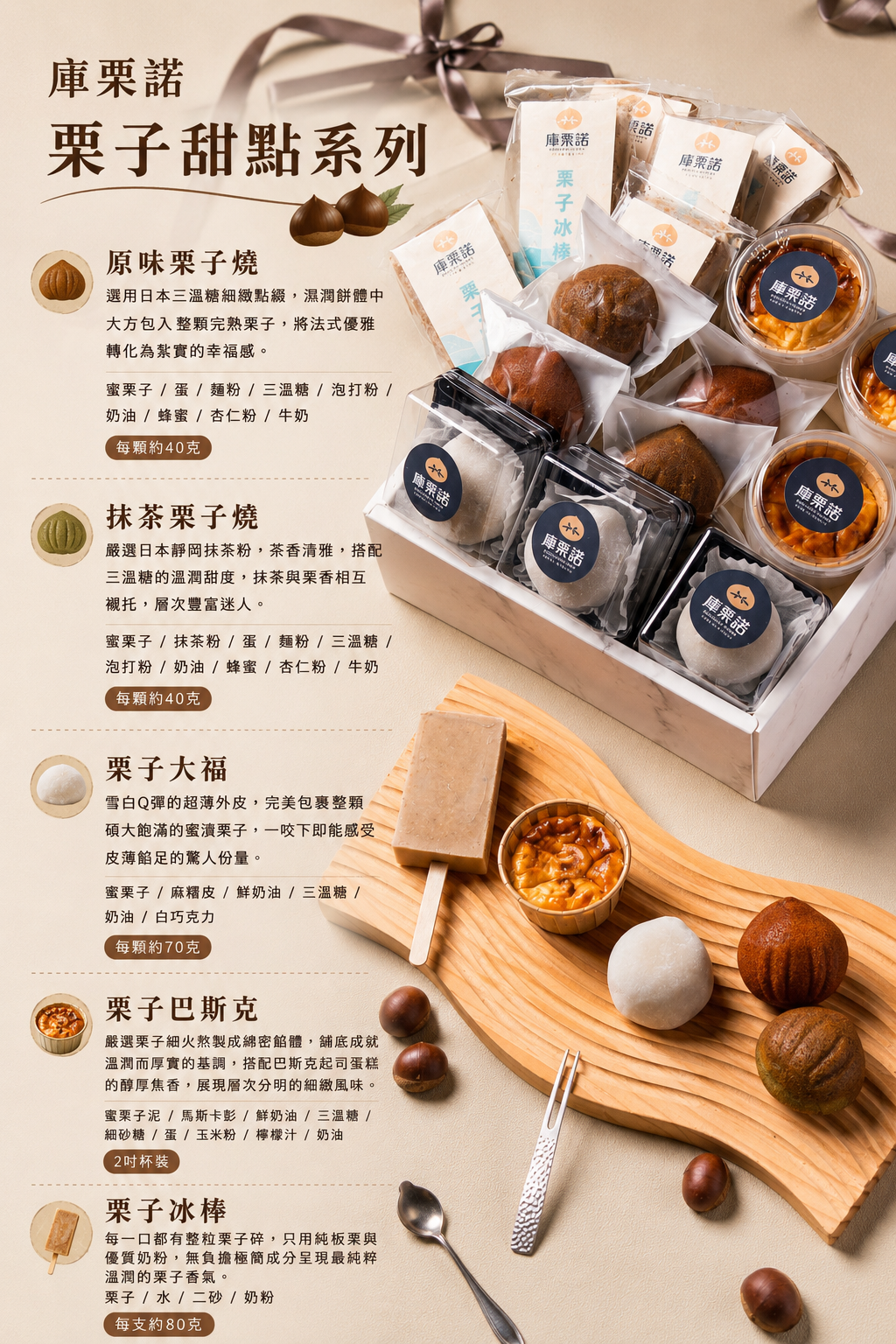 庫栗諾栗子甜點禮盒商品情境照，集結栗子燒、栗子大福、栗子巴斯克、栗子冰棒等人氣栗子甜點，適合送禮、伴手禮與節慶禮盒。