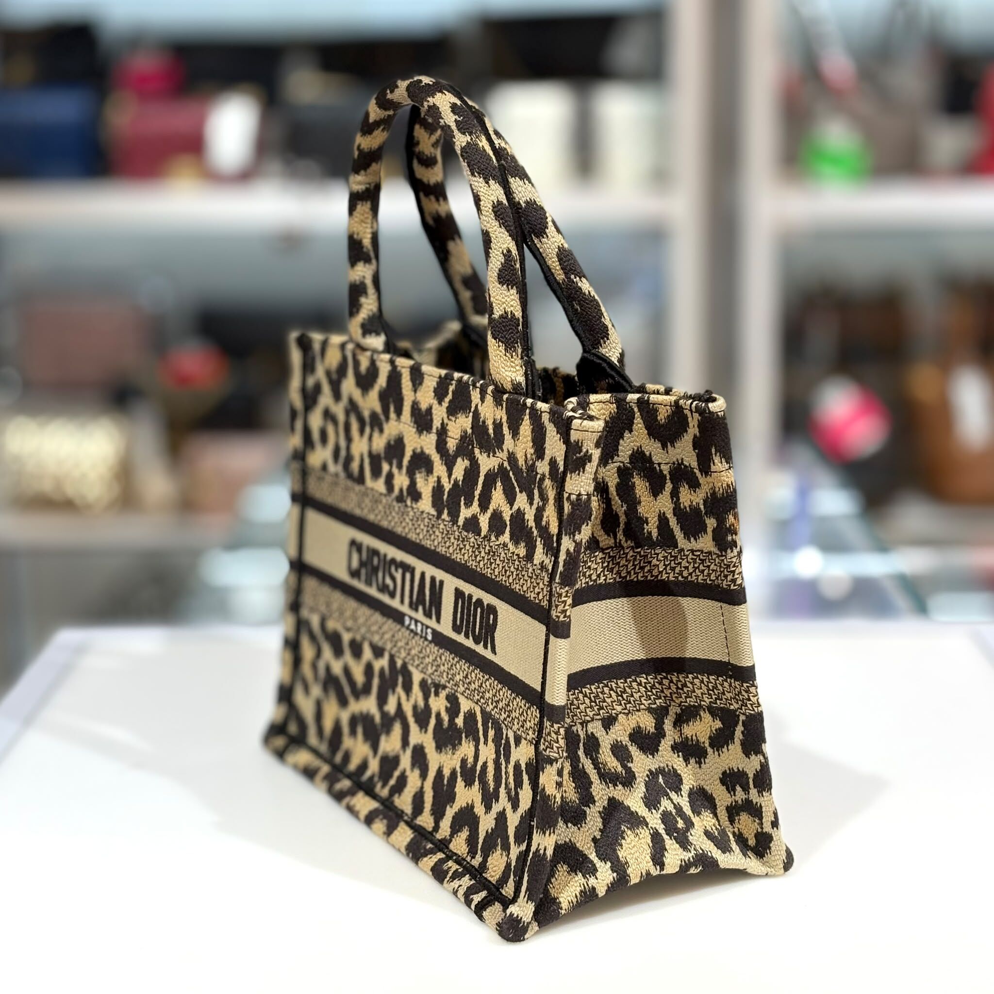98%NEW二手DIOR MIZZA BOOK TOTE SMALL, 豹紋帆布黑色刺繡LOGO #香榭站正品