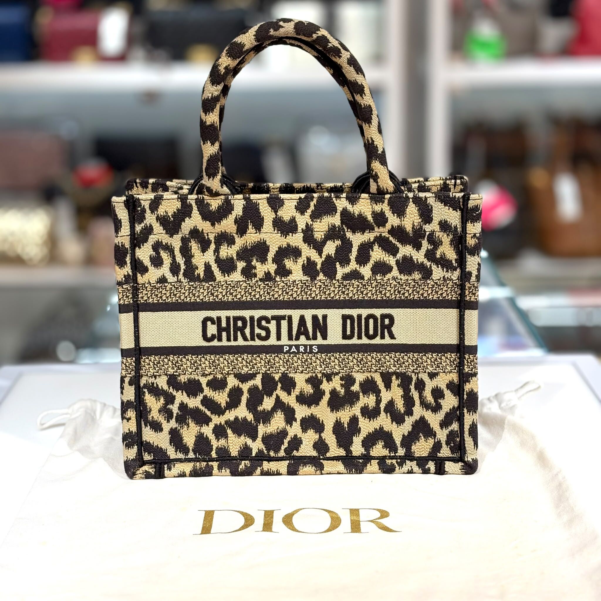 98%NEW二手DIOR MIZZA BOOK TOTE SMALL, 豹紋帆布黑色刺繡LOGO #香榭站正品