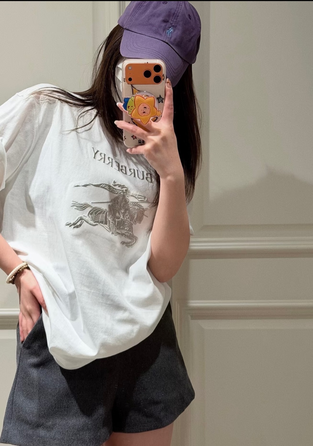 BBR 白色 BURBERRY連戰馬銀色刺繡 LOGO TEE