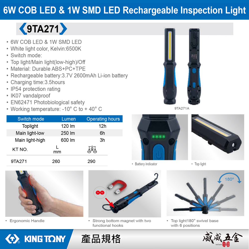 KING TONY 金統立｜充電式 摺疊式工作燈 600流明 白光 探照燈 磁性底座充電手電筒｜9TA271