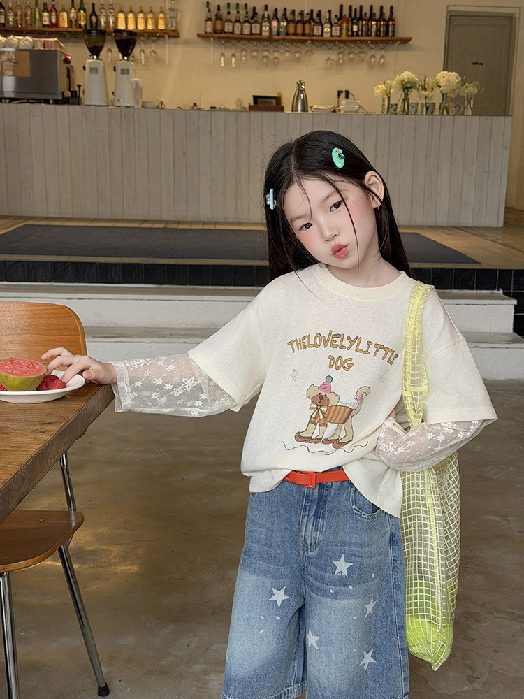 可愛塗鴉蕾絲袖假兩件上衣