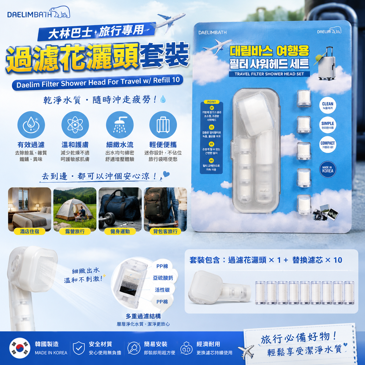 【預購】WKR071611 Daelim 旅行濾芯花灑套裝（附10個替換濾芯）