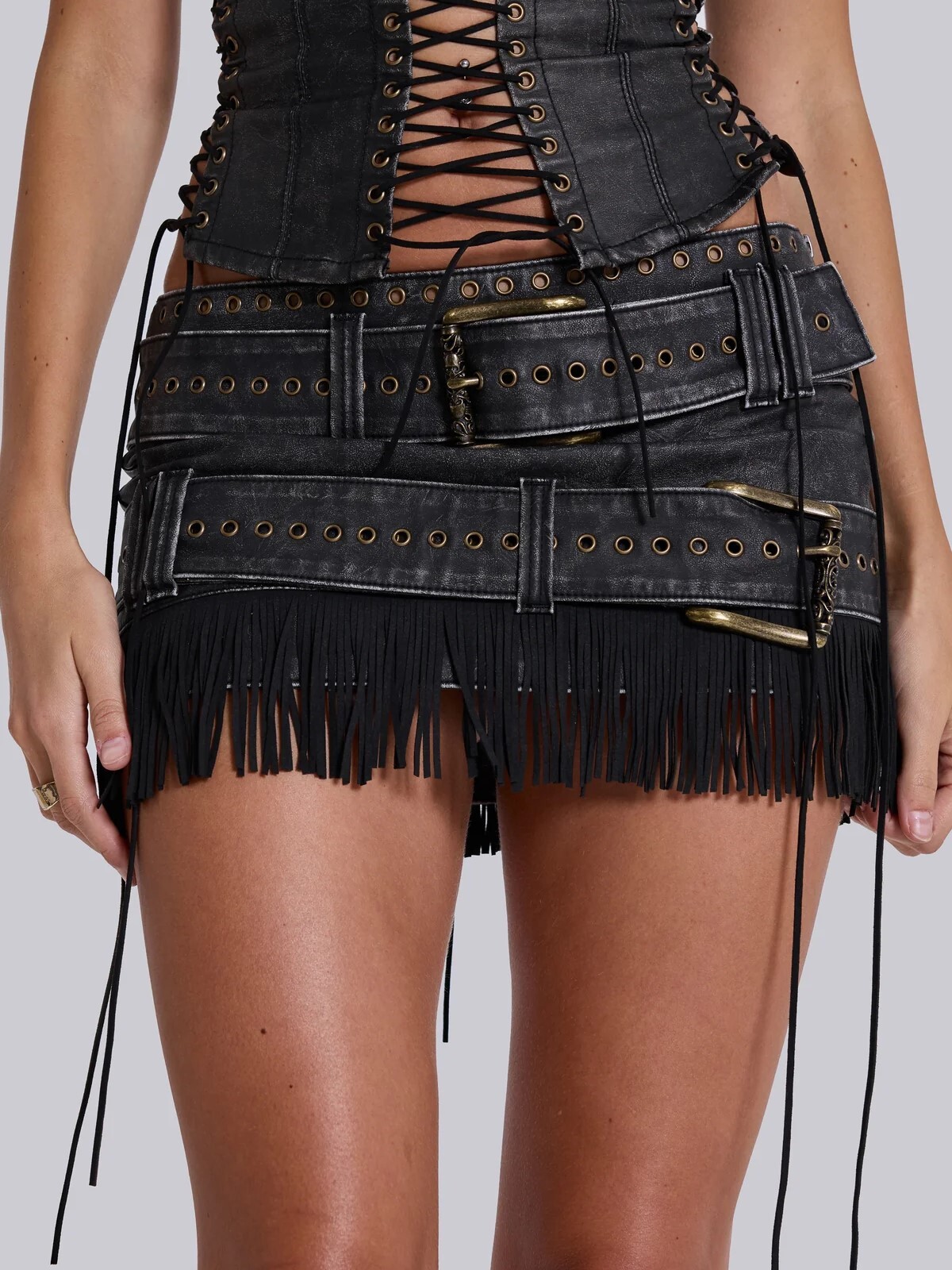 JADED LONDON 雙皮帶 仿皮流蘇 迷你短裙 Odile Faux Leather & Suede Mini Skirt JWS4564