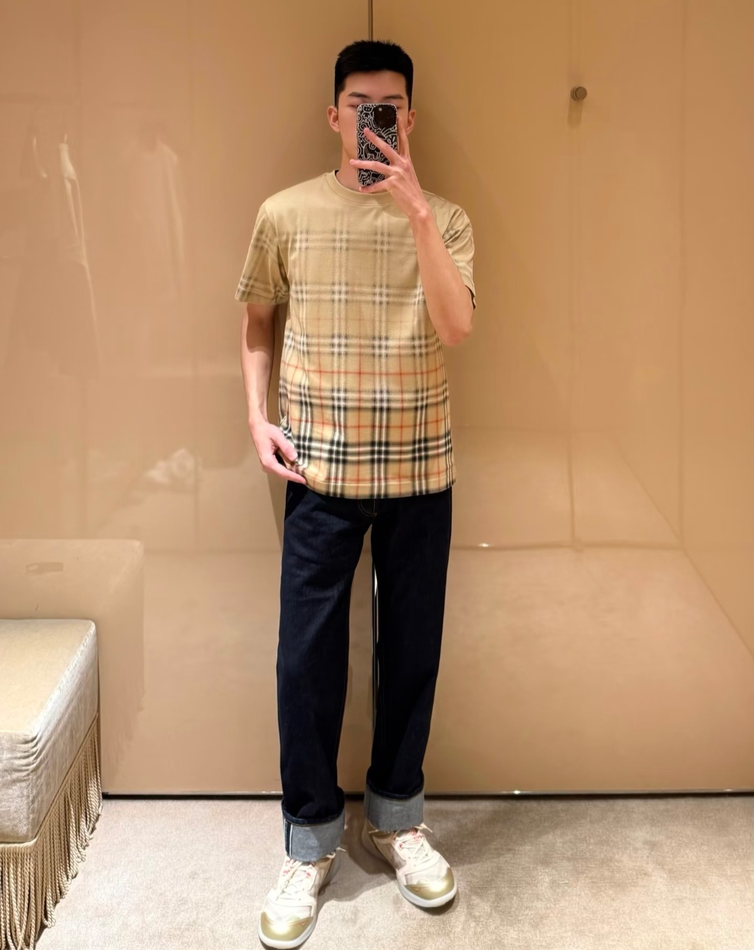 BBR 米黃色菱格 TEE (男女款)