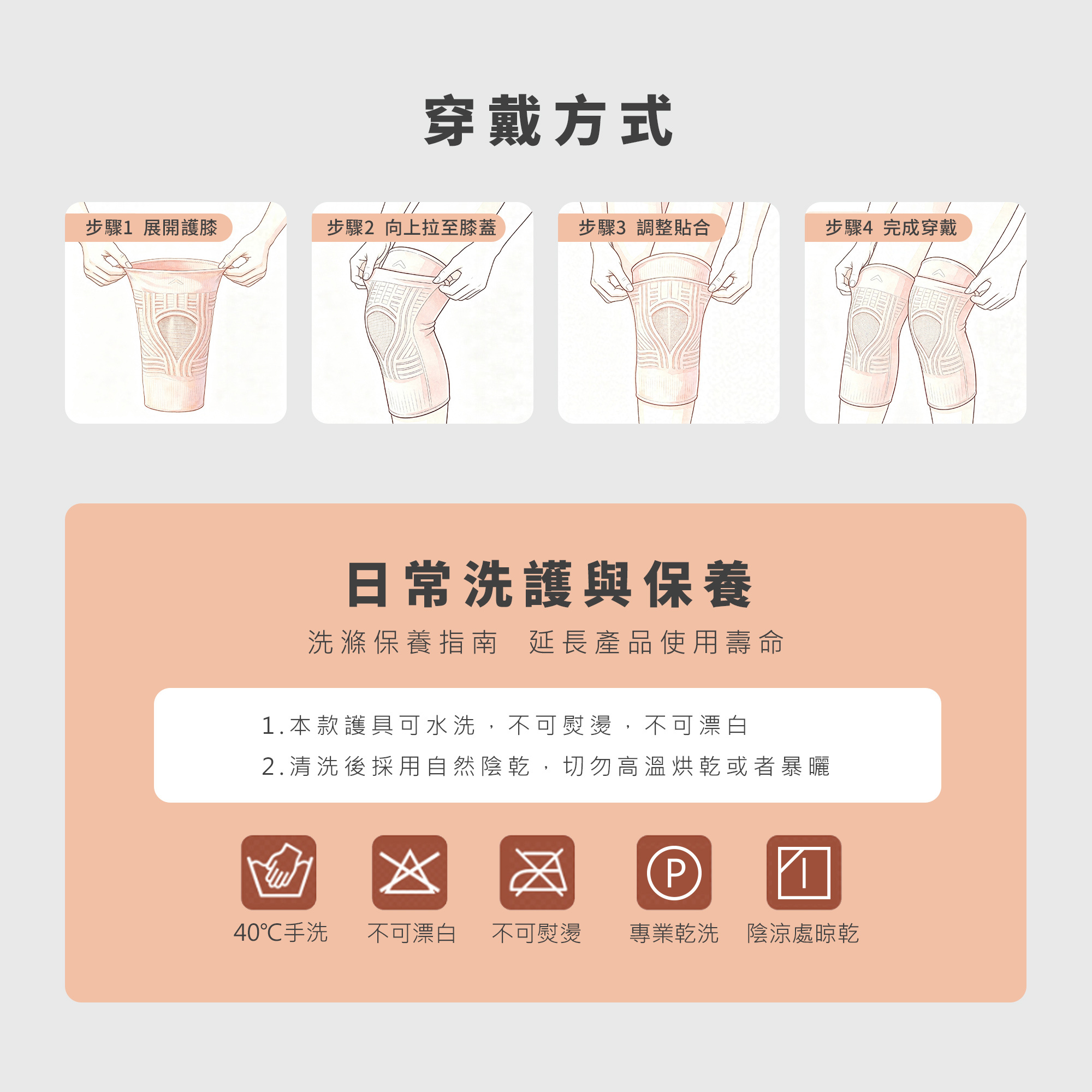 4 步驟簡易穿戴。日常洗護與保養指南:  40°C 手洗、不可漂白與陰涼處晾乾。