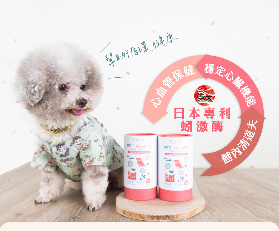歸毛家族護心寶寵物保健食品,含日本專利蚓激酶SK末,幫助犬貓維持心血管保健與穩定心臟機能。